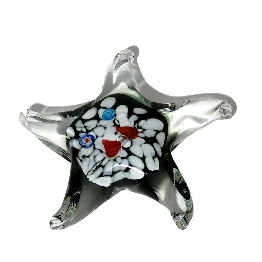Art Glass Paperweight Hand Blown Starfish Clear Blue Red White 5”